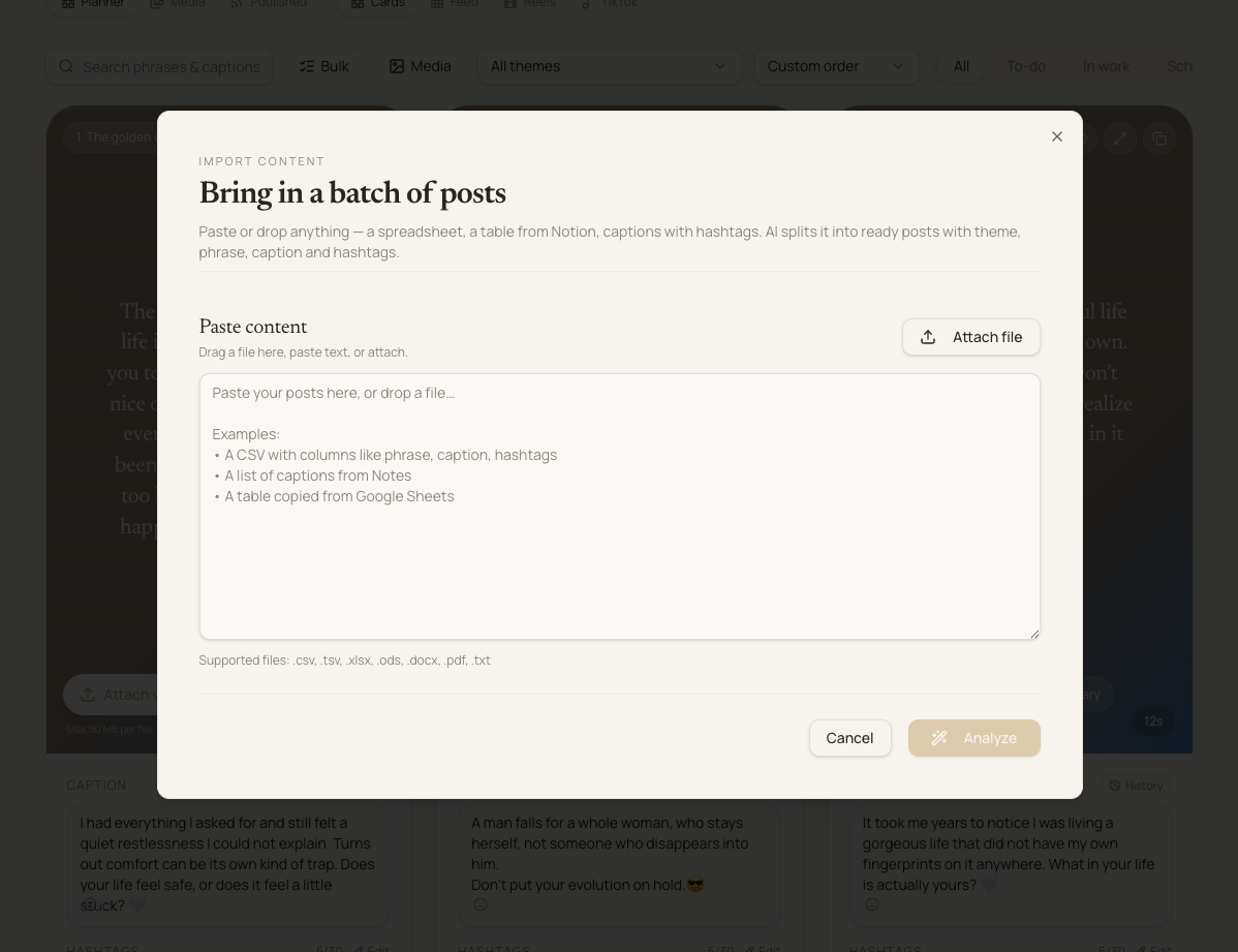 Import content dialog for pasting a batch of posts