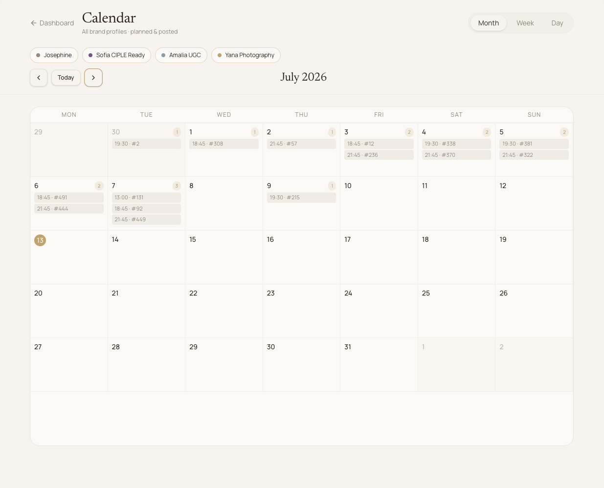 Shared calendar showing scheduled posts across brand profiles