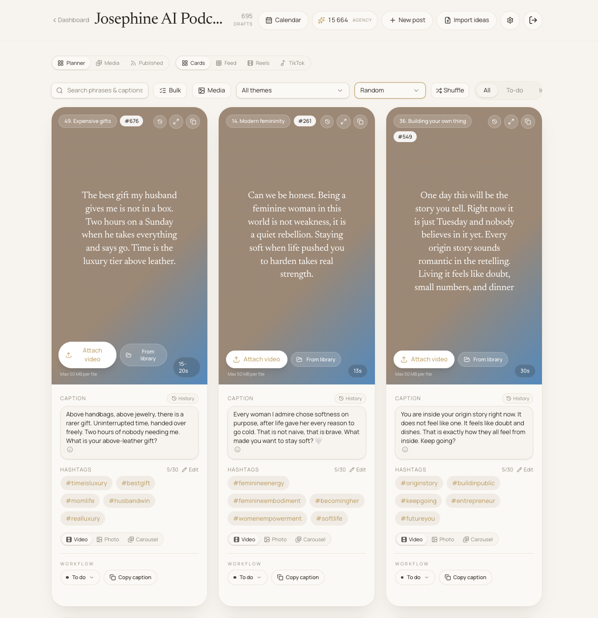 Planner text-only view showing captions and hashtags
