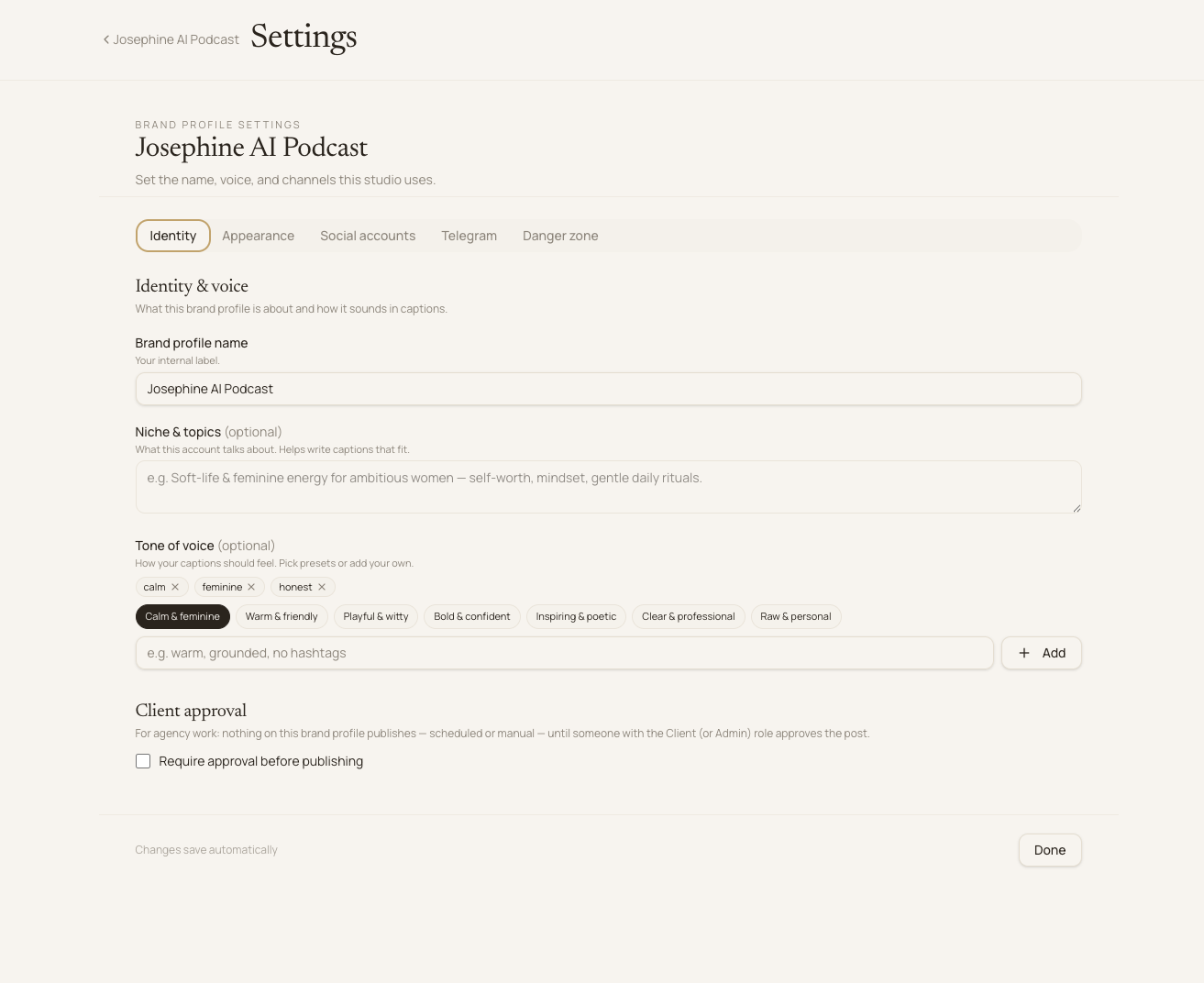 Brand profile settings — identity, voice, tone