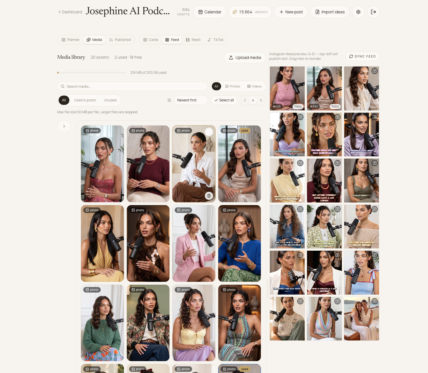 ContentFast media library — Instagram feed grid preview.