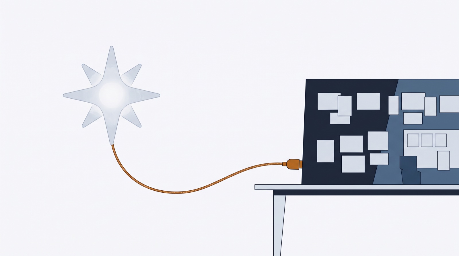 Editorial illustration: a copper thread runs from an abstract AI node and plugs into a planning board covered with cards