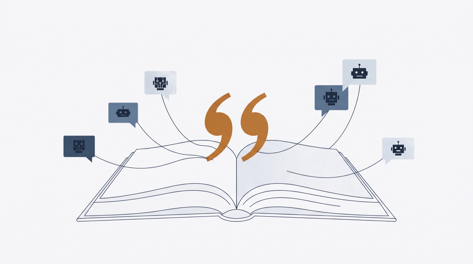 Editorial illustration: an open book with a large copper quotation mark, threads running out to small speech bubbles with robot silhouettes