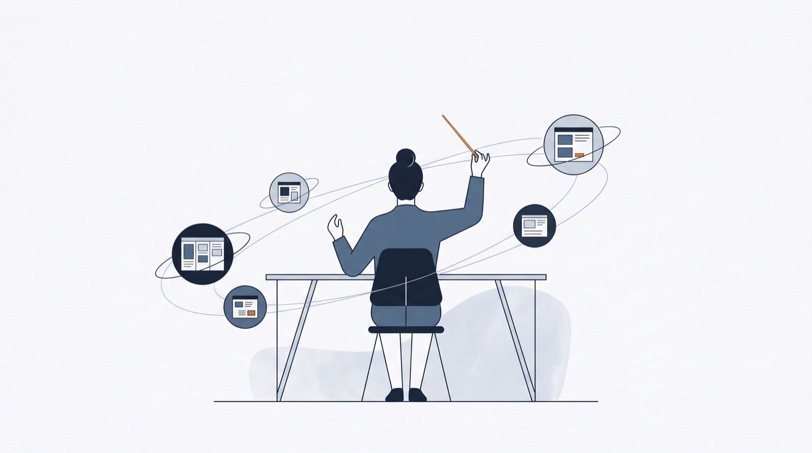 Editorial illustration: a lone figure at a desk conducting five orbiting discs that carry small content boards