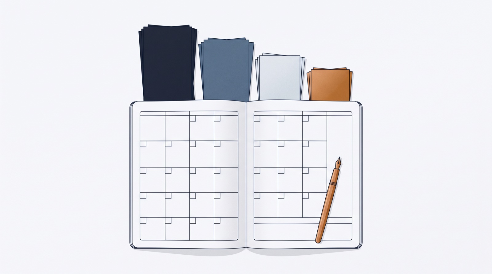 Editorial illustration: a monthly planner spread on a desk fed by four stacks of cards, with a copper fountain pen resting across the page