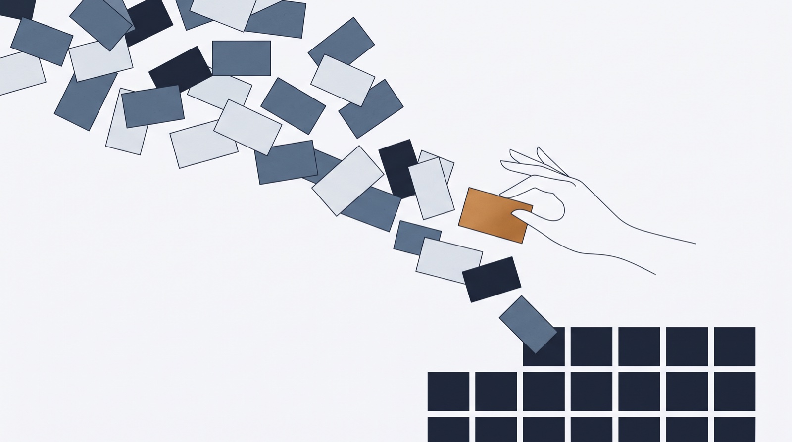 Editorial illustration: a cascade of idea cards pouring into a tidy monthly calendar grid, a hand placing one copper card