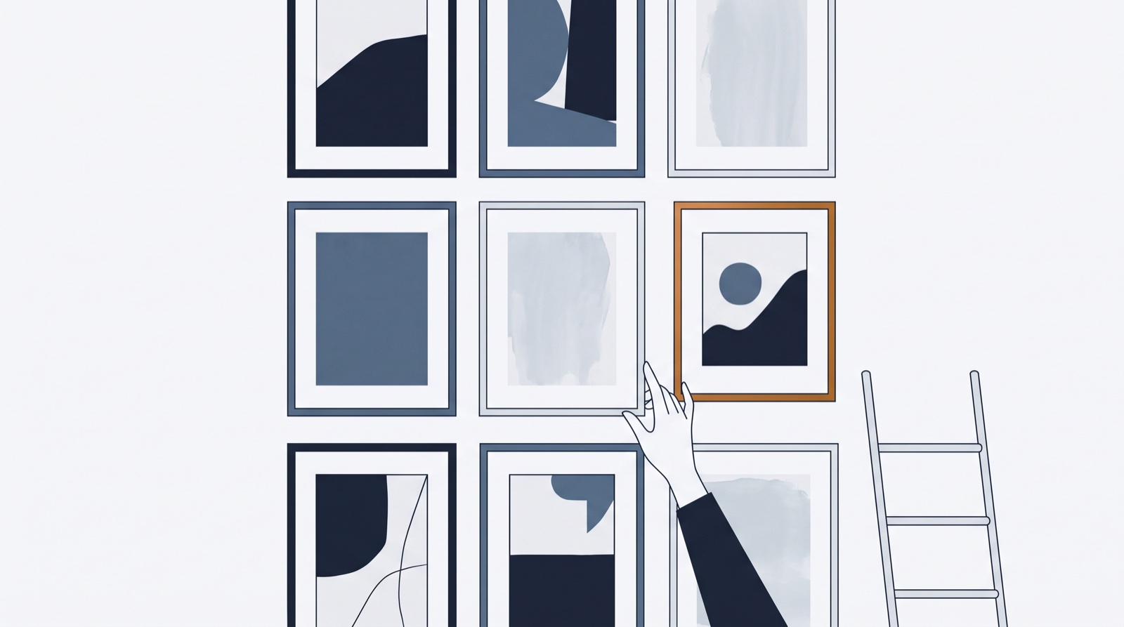 Editorial illustration: a gallery wall of framed photographs in a neat grid, a hand hanging one copper-framed picture