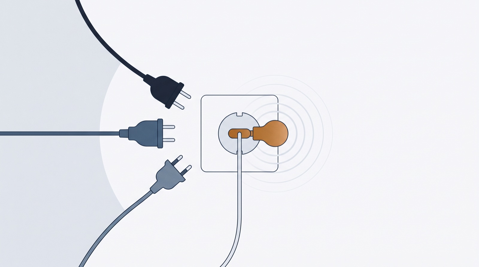 Editorial illustration: several differently shaped plugs converging toward one elegant universal socket, a copper plug fitting perfectly